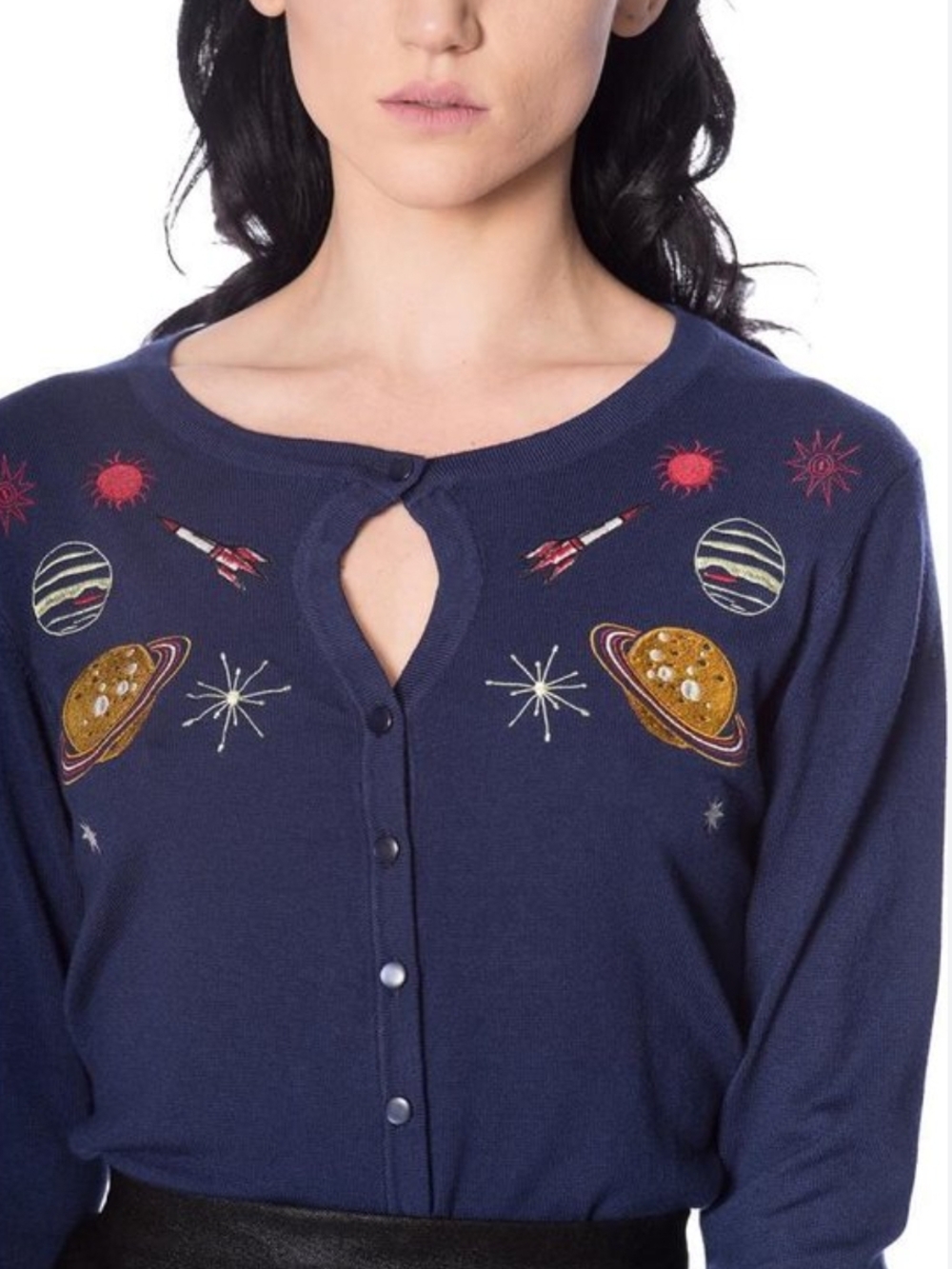 Navy Space Embroidered Cardigan with Planet Motif Banned Retro